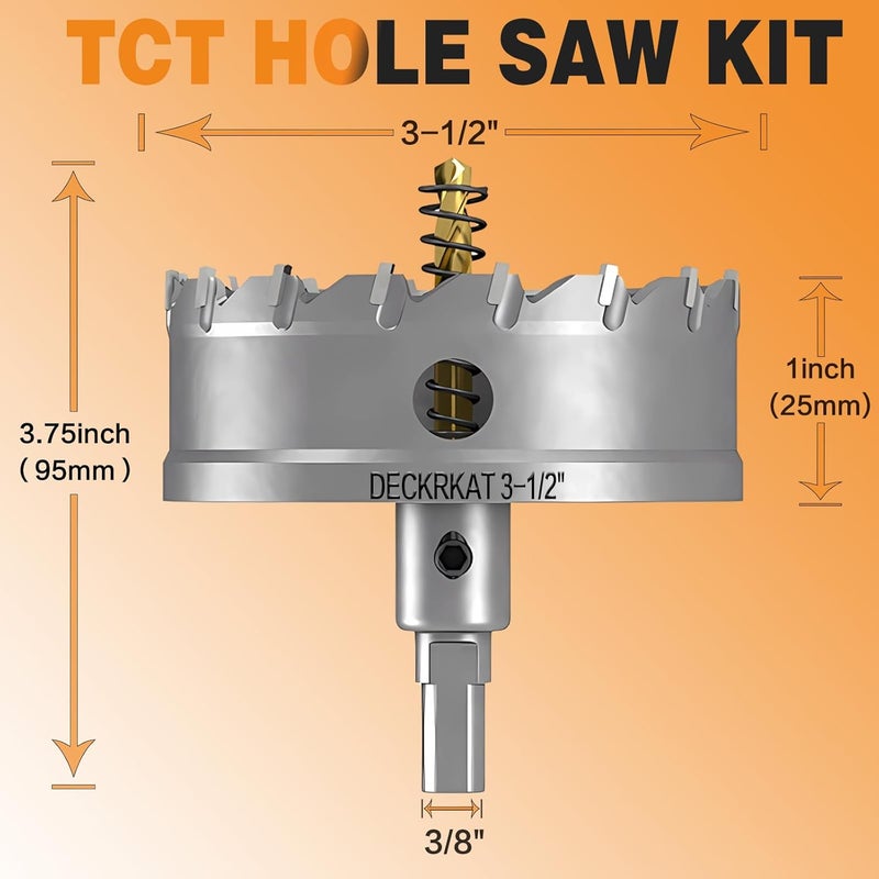 DECKRKAT 3-1/2" TCT Hole Saw for Hard Metal, Heavy Duty 90mm Tungsten Carbide Tipped Hole Cutter with Spring-Loaded Pilot Drill Bit for Stainless Steel, Metal, Iron, and Plastic. - Image 2